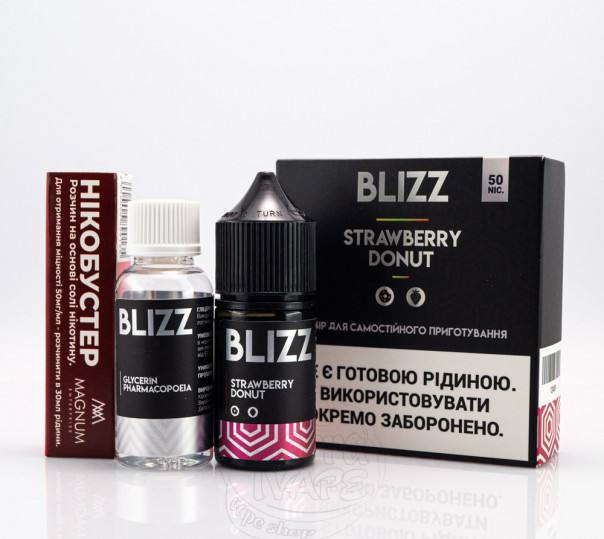 Рідина Blizz Salt Strawberry Donut 30ml 50mg зі смаком пончика з полуничним джемом (набір компонентів) Рідина Blizz Salt Strawberry Donut 30ml 50mg зі смаком пончика з полуничним джемом (набір компонентів)