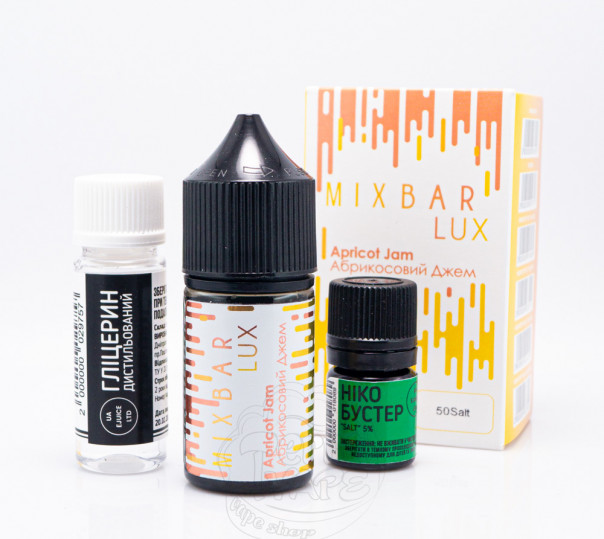 Рідина Mix Bar Lux Salt Apricot Jam 30ml 50mg зі смаком абрикосового джему (набір компонентів) Рідина Mix Bar Lux Salt Apricot Jam 30ml 50mg зі смаком абрикосового джему (набір компонентів)