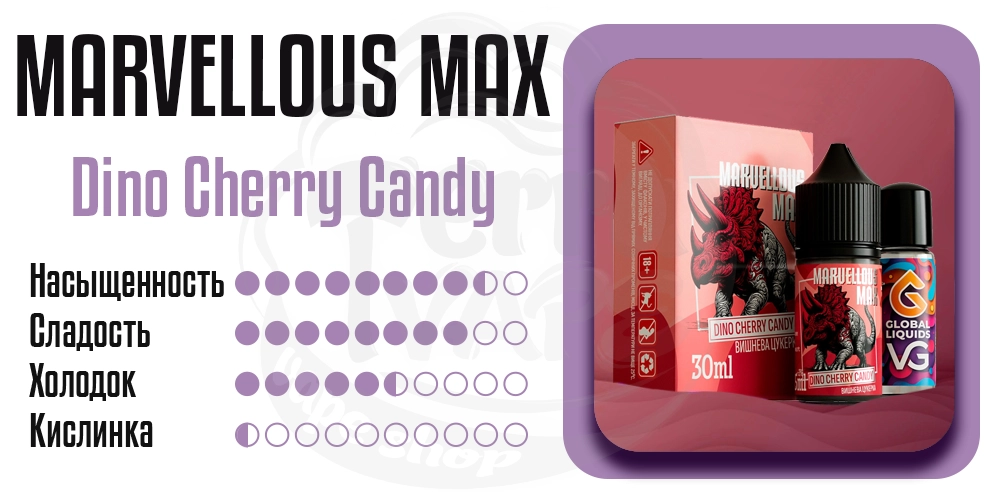 Характеристики вкуса Marvellous Max Organic Dino Cherry Candy 60ml 3mg
