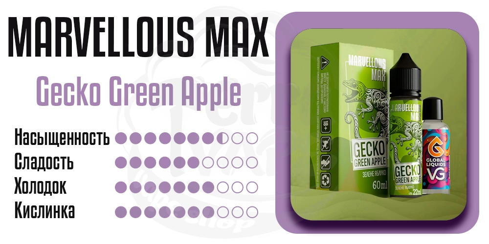 Характеристики вкуса Marvellous MAX Salt Gecko Green Apple 30ml 50mg