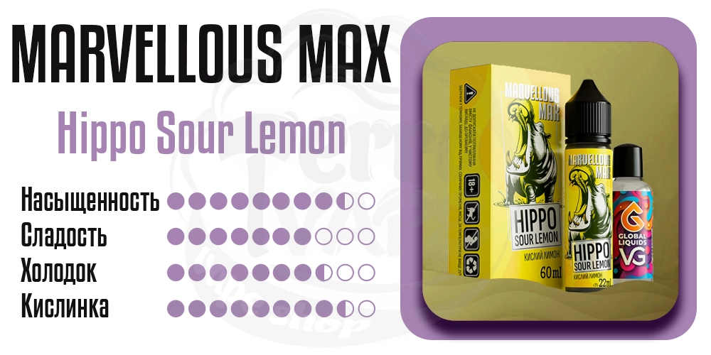 Характеристики вкуса Marvellous Max Salt Hippo Sour Lemon 15ml 50mg