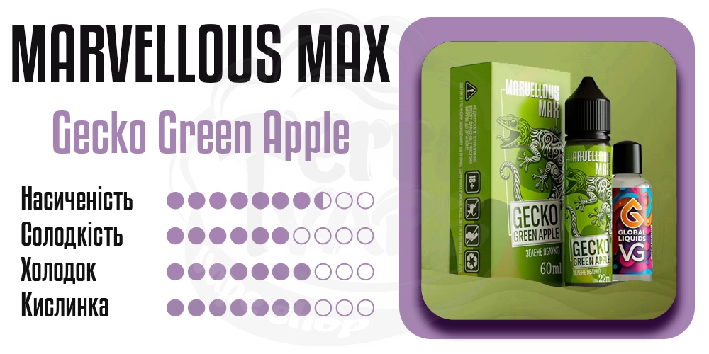 Характеристики смаку Marvellous Max Salt Gecko Green Apple 15ml 50mg