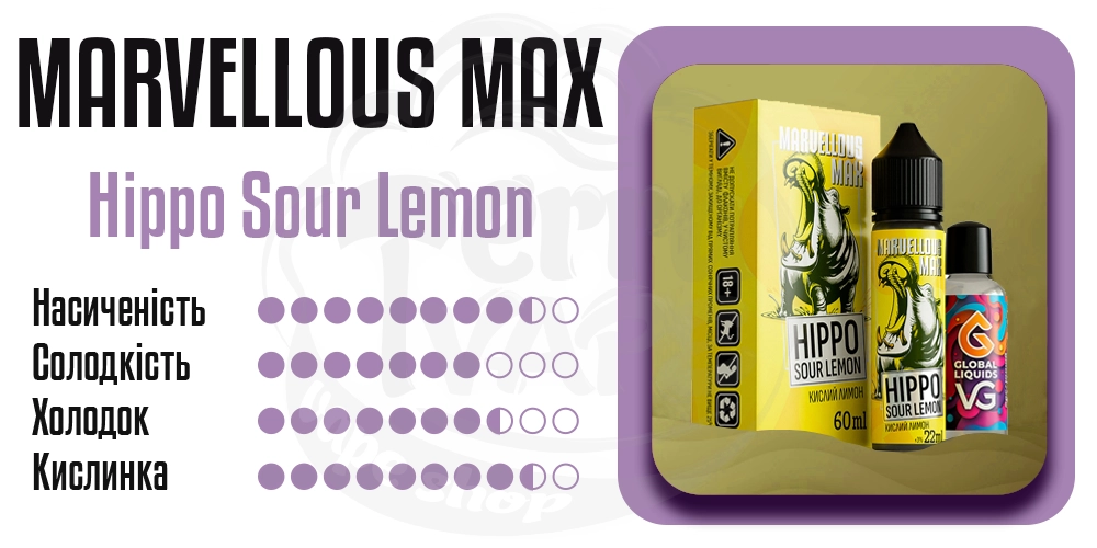 Характеристики смаку Marvellous Max Salt Hippo Sour Lemon 15ml 50mg