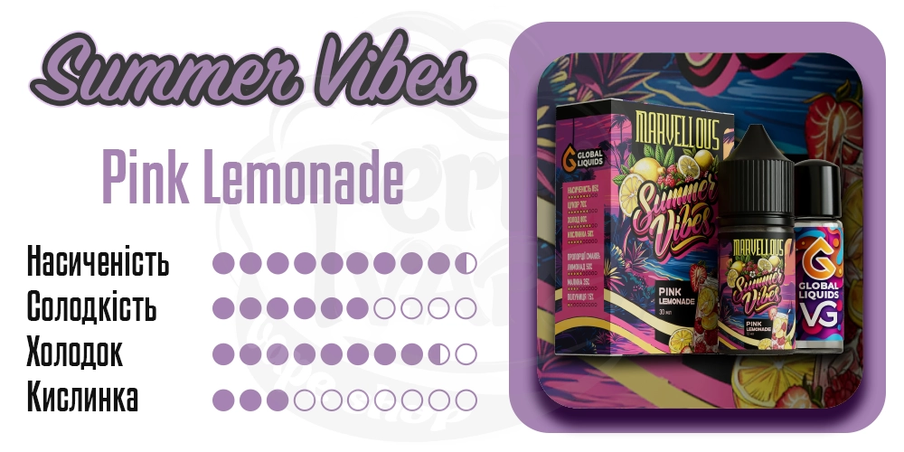 Характеристики смаку Marvellous Summer Vibes Salt Pink Lemonade 30ml 50mg