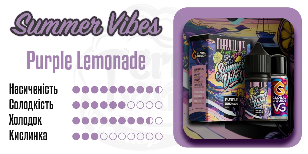 Характеристики смаку Marvellous Summer Vibes Salt Purple Lemonade 30ml 50mg