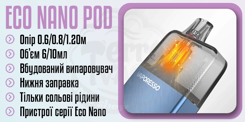 Основні параметри картриджу Vaporesso Eco Nano Pod Cartridge